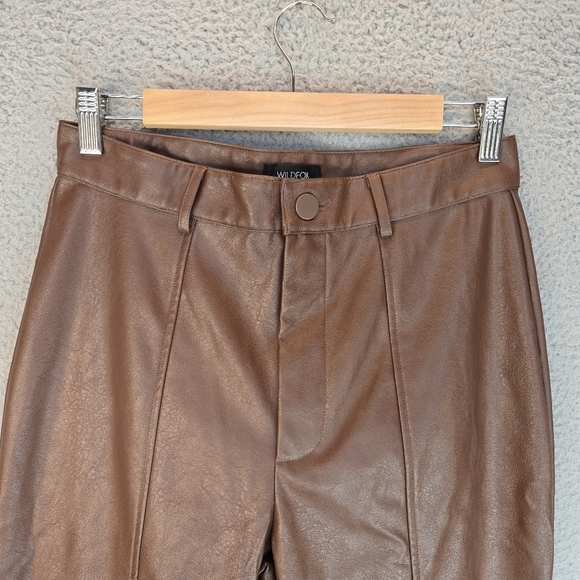 Wildfox Womens Faux Leather Pants Sz M Dark Brown High Waist Front Ankle Slit - Picture 2 of 13